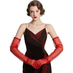 Women's Tulle Dark Red Long Satin Gloves Evening Elbow Length Party Costumes